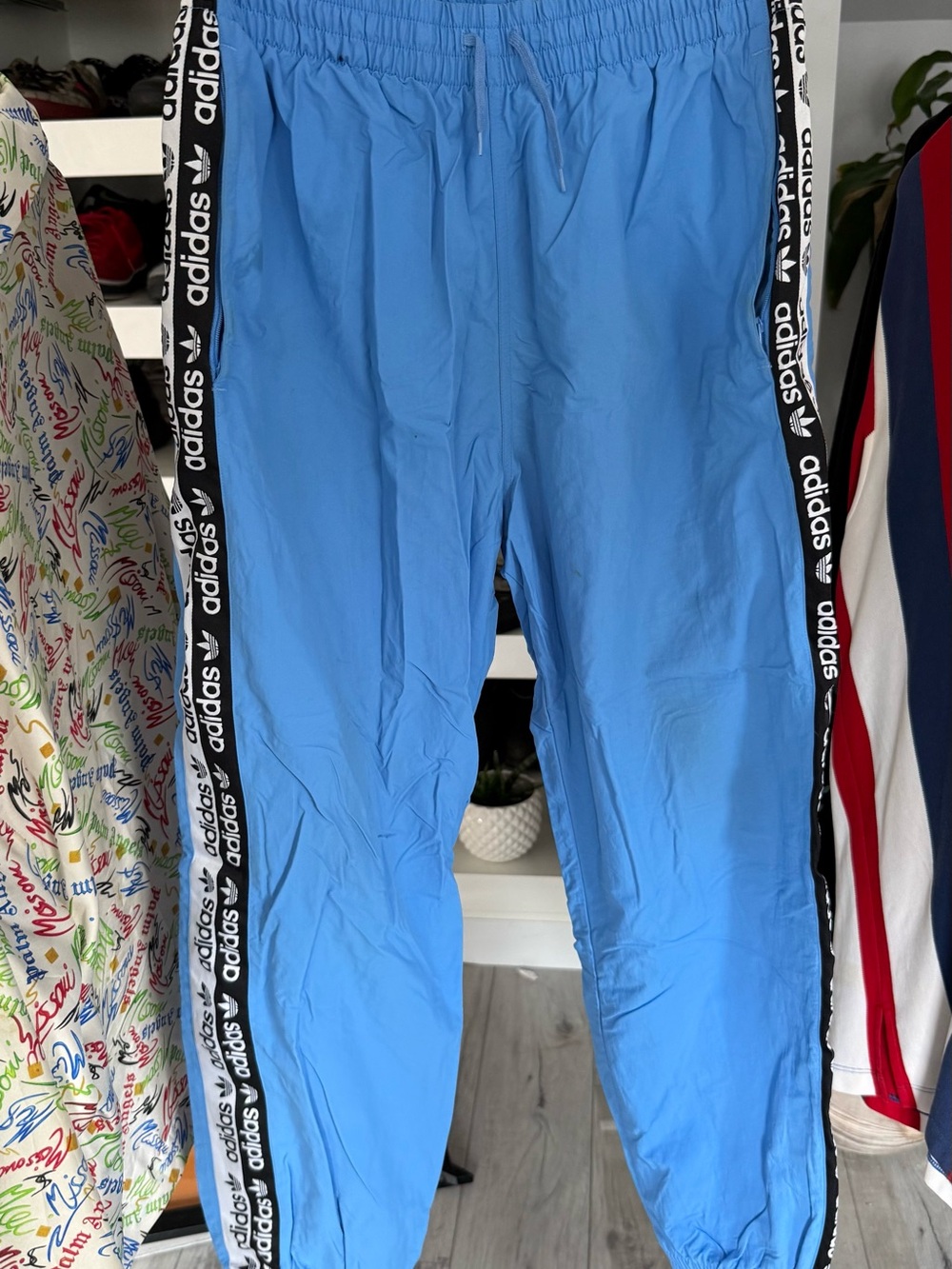 adidas Light Blue Track Pants with Black Logo Side Tape